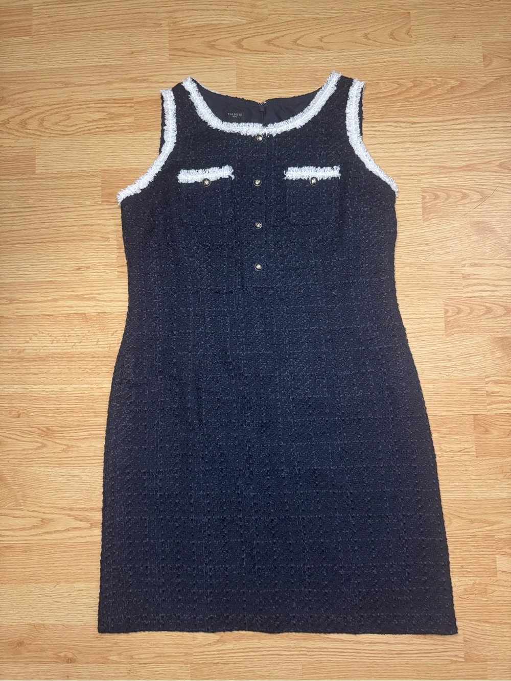 Talbots Navy Tweed Sheath Dress with White Trim